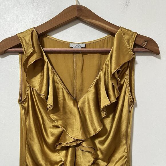 Vintage Cache Silk Ruffle Tank Top Size S Mustard Yellow Y2K Feminine Flowy - Picture 2 of 5